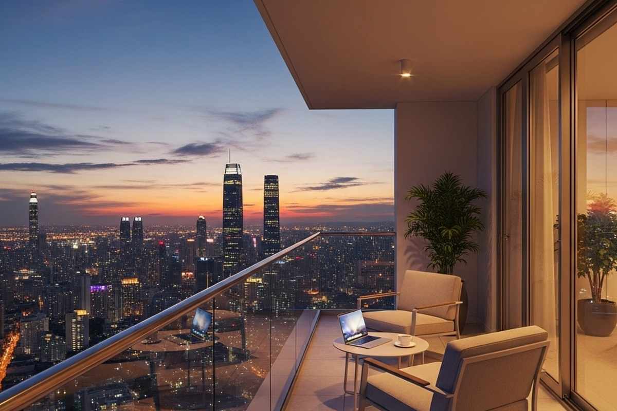 veduta da un balcone con tutta la città illuminata 