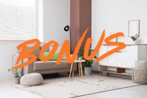 salotto arredato e scritta bonus in arancione