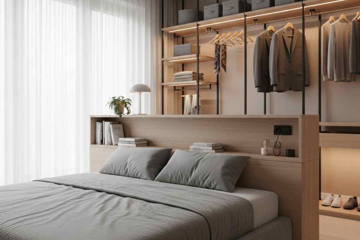 sistema aperto di cabina armadio dietro un letto