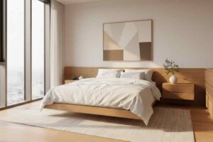 camera da letto dai toni chiari e legno