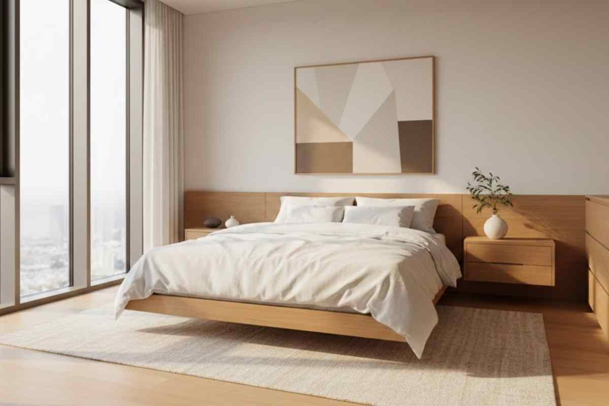 camera da letto dai toni chiari e legno