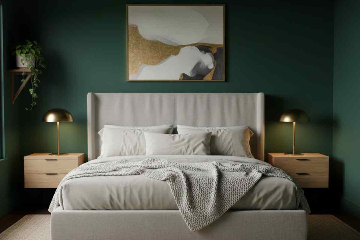 camera da letto elegante con pareti verde bosco