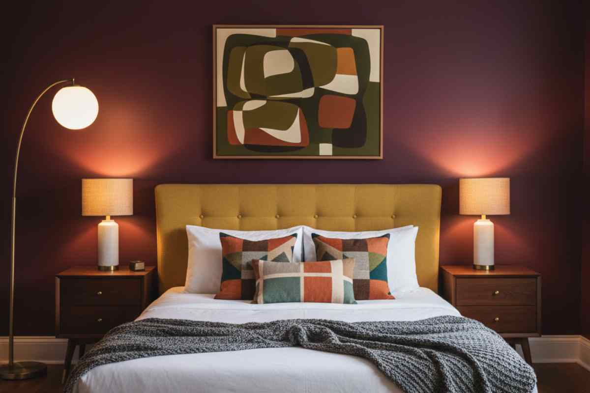 camera da letto con pareti bordeaux e luci