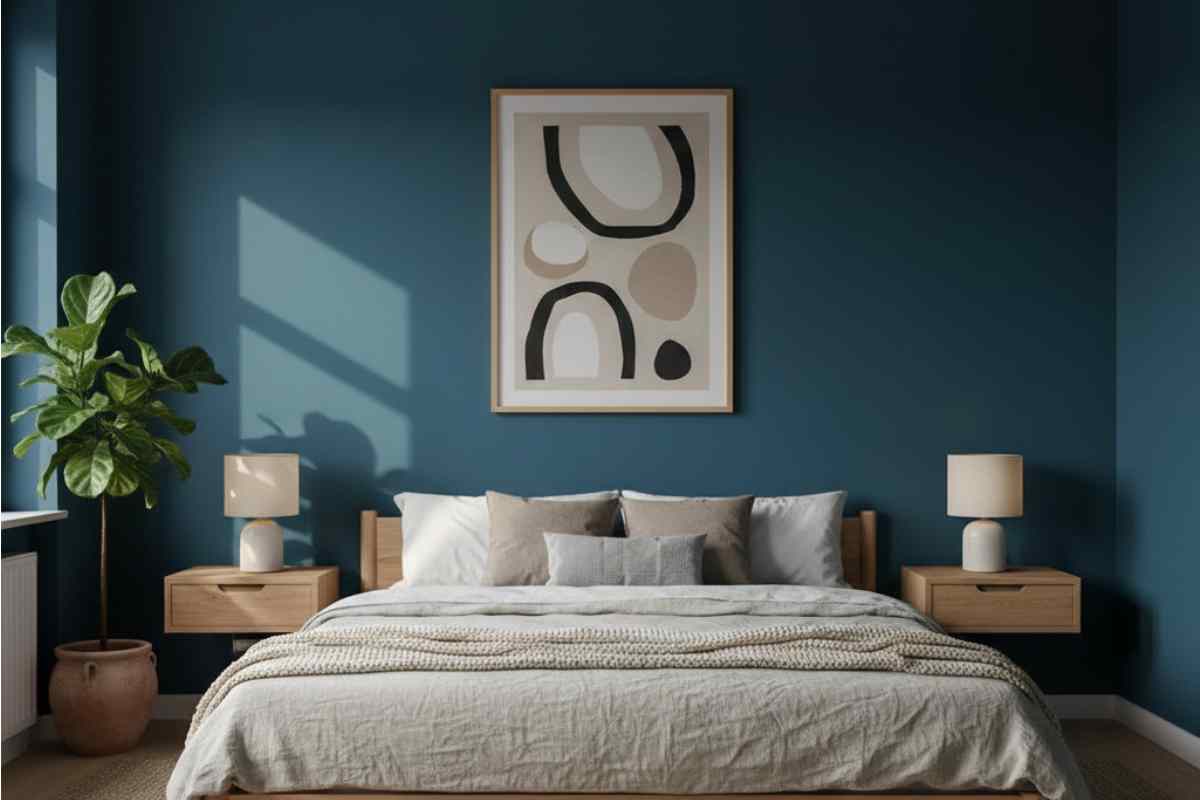 camera da letto pareti blu e stile japandi