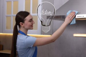 donna che pulisce cappa con una lampadina con scritto idea