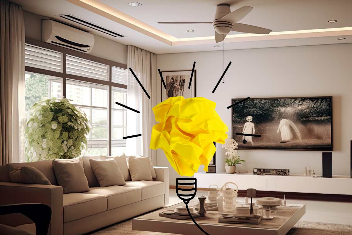 camera da letto con colori chiari e lampadina al centro