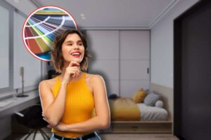 camera da letto sullo sfondo, tavolozza di colori in icona rossa e donna sorridente che pensa