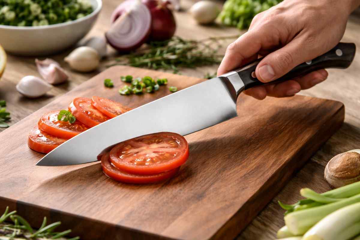 coltello che taglia i pomodori