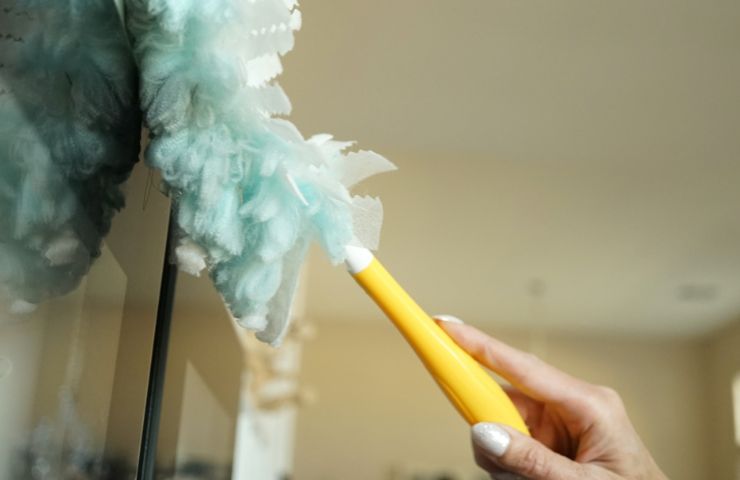 donna che elimina polvere con piumino