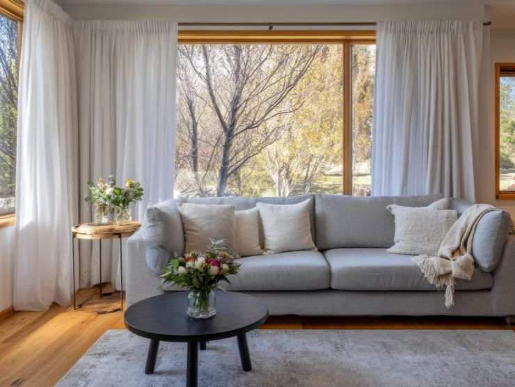 ampio divano posizionato accanto due finestre