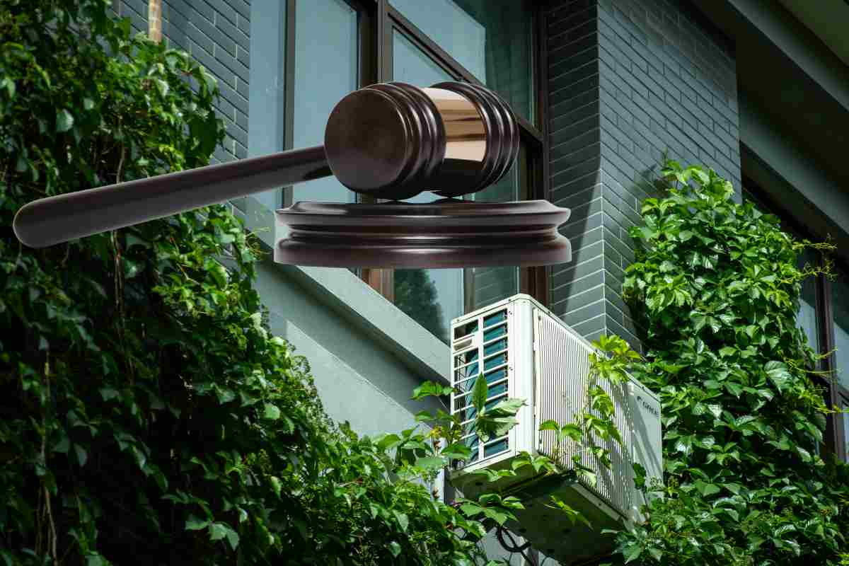 condominio installato fuori dalla finestre e martelletto del giudice