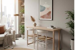 consolle appoggiata ad una parete con due sgabelli