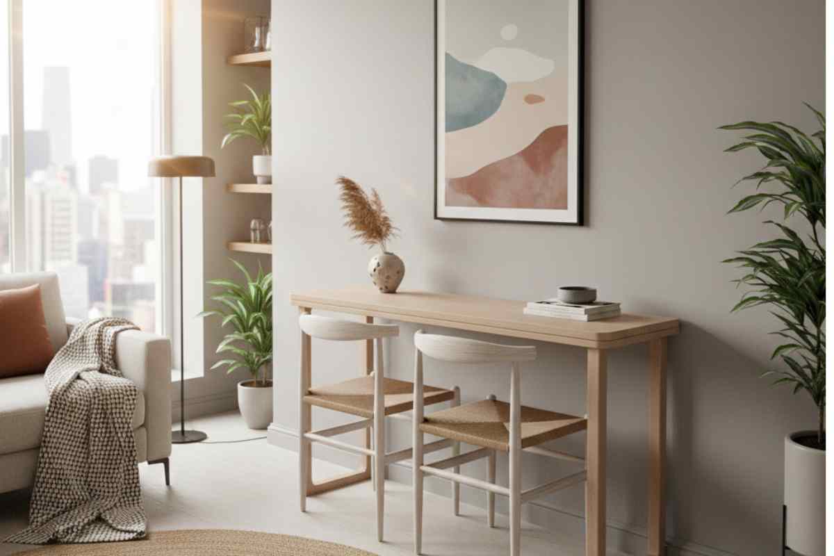 consolle appoggiata ad una parete con due sgabelli