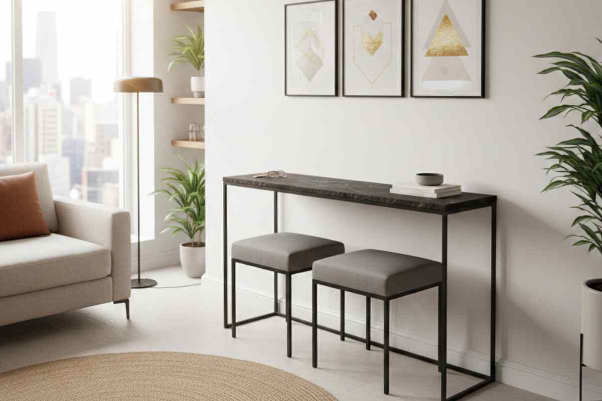 consolle di metallo con due sgabelli