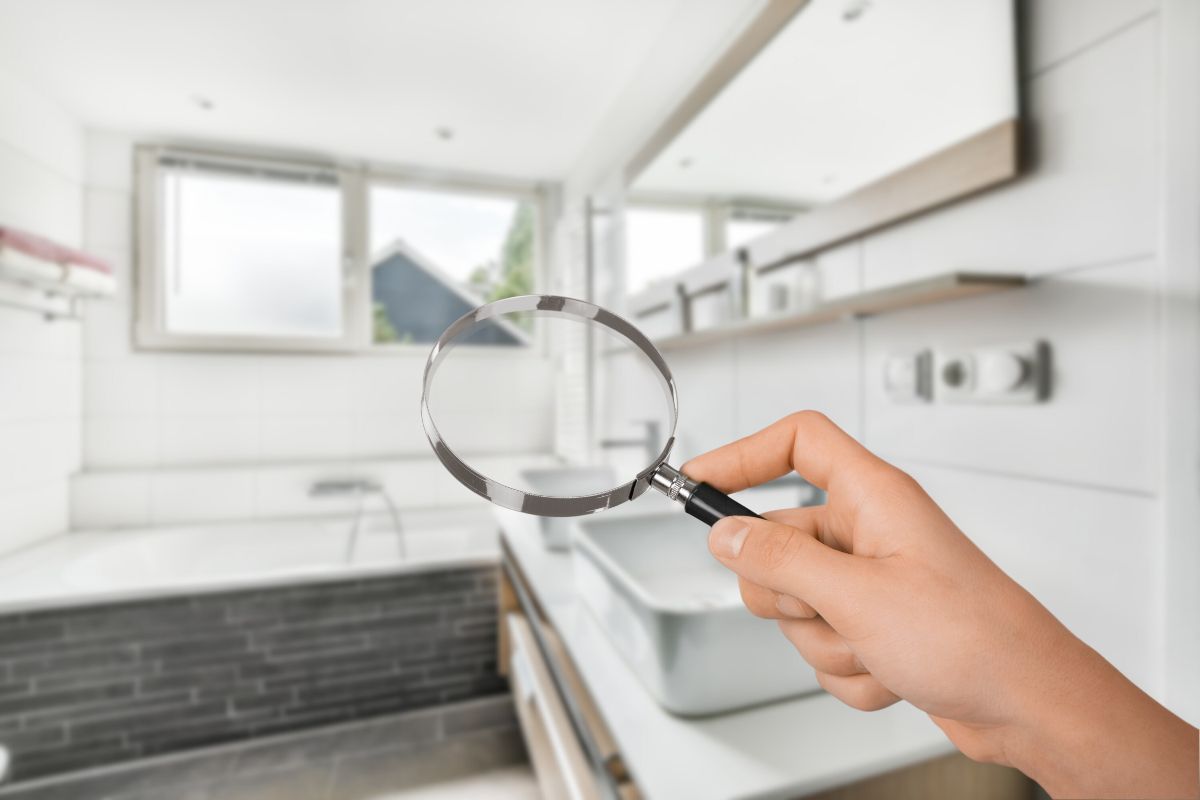 bagno sfocato e mano che tiene lente d'ingrandimento