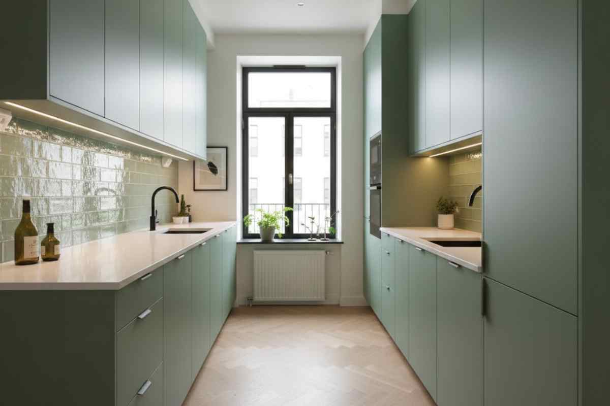 cucina lunga e stretta verde salvia
