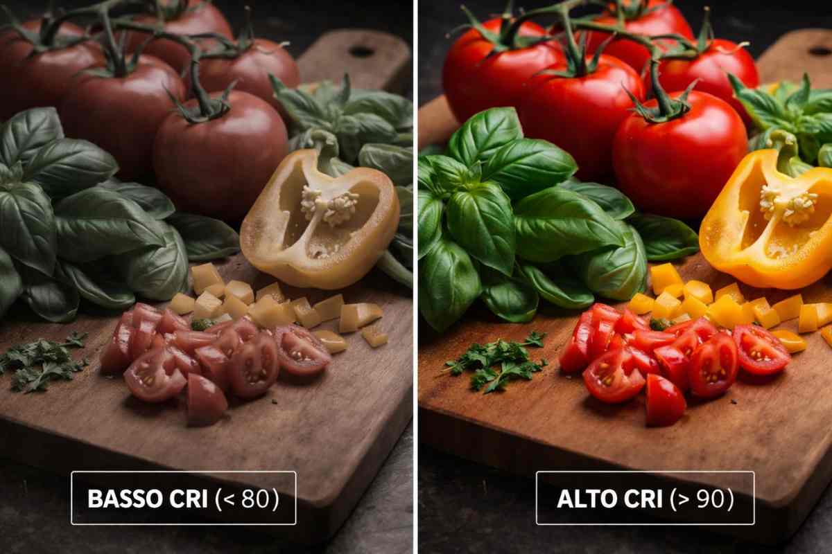 come si vede la verdura in cucina con più o meno luce