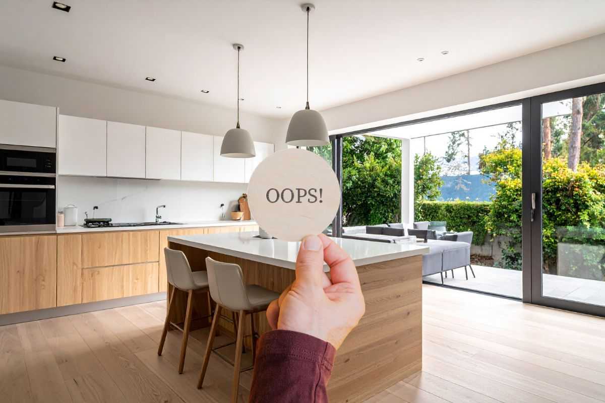 ampia cucina moderna con isola e mano che mantiene un bigliettino con scritta oops