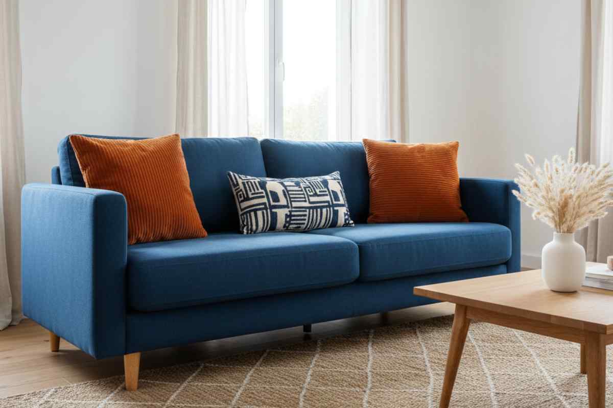 divano blu con cuscini color terra e tappeto trama geometrica