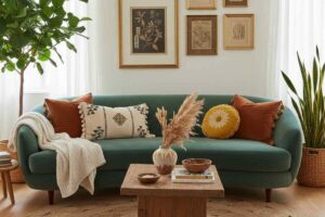 divano verde smeraldo in un salotto stile boho