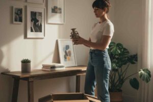 donna che mette via un suppellettile da un mobile