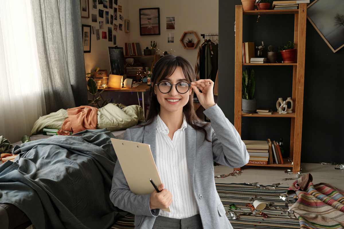 una stanza disordinata ed una psicologa in primo piano