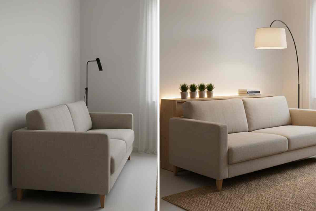 prima e dopo del divano contro il muro e staccato dalla parete