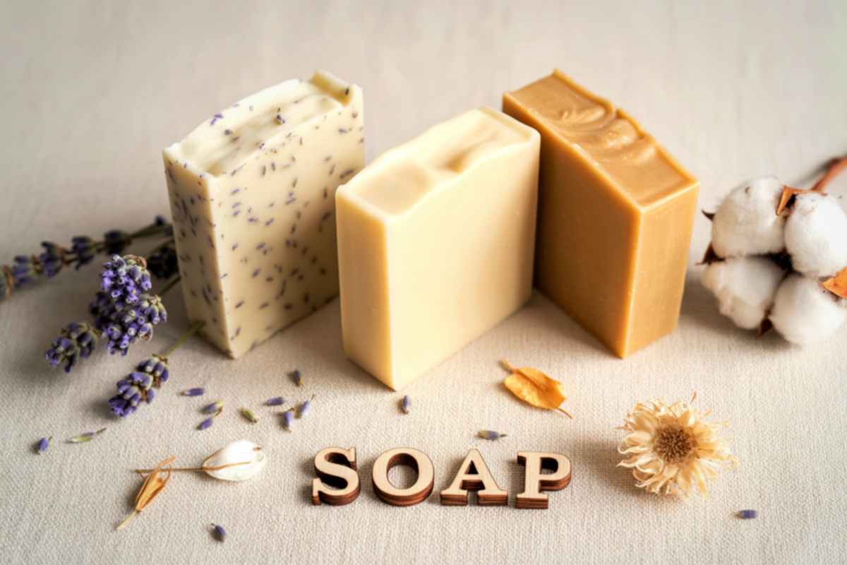 saponette di vario colore e scritta sapone 