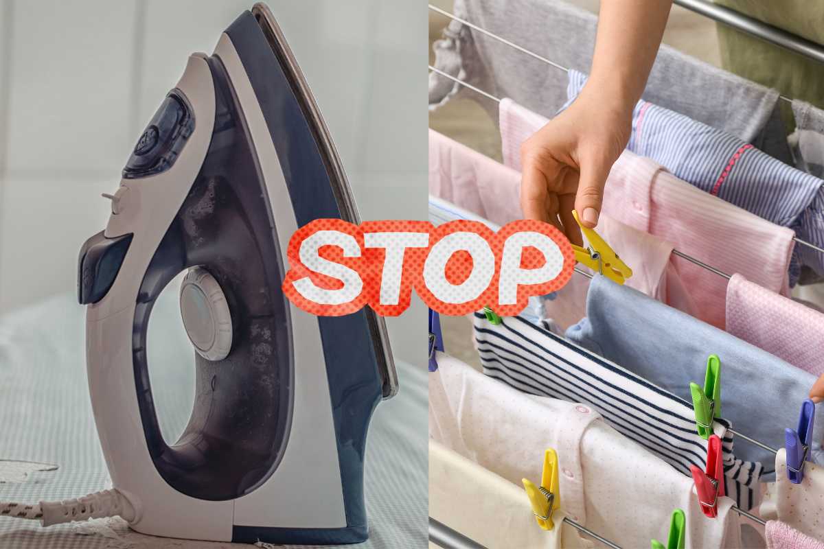 sulla sinistra un ferro da stiro e sulla destra uno stendino dei panni