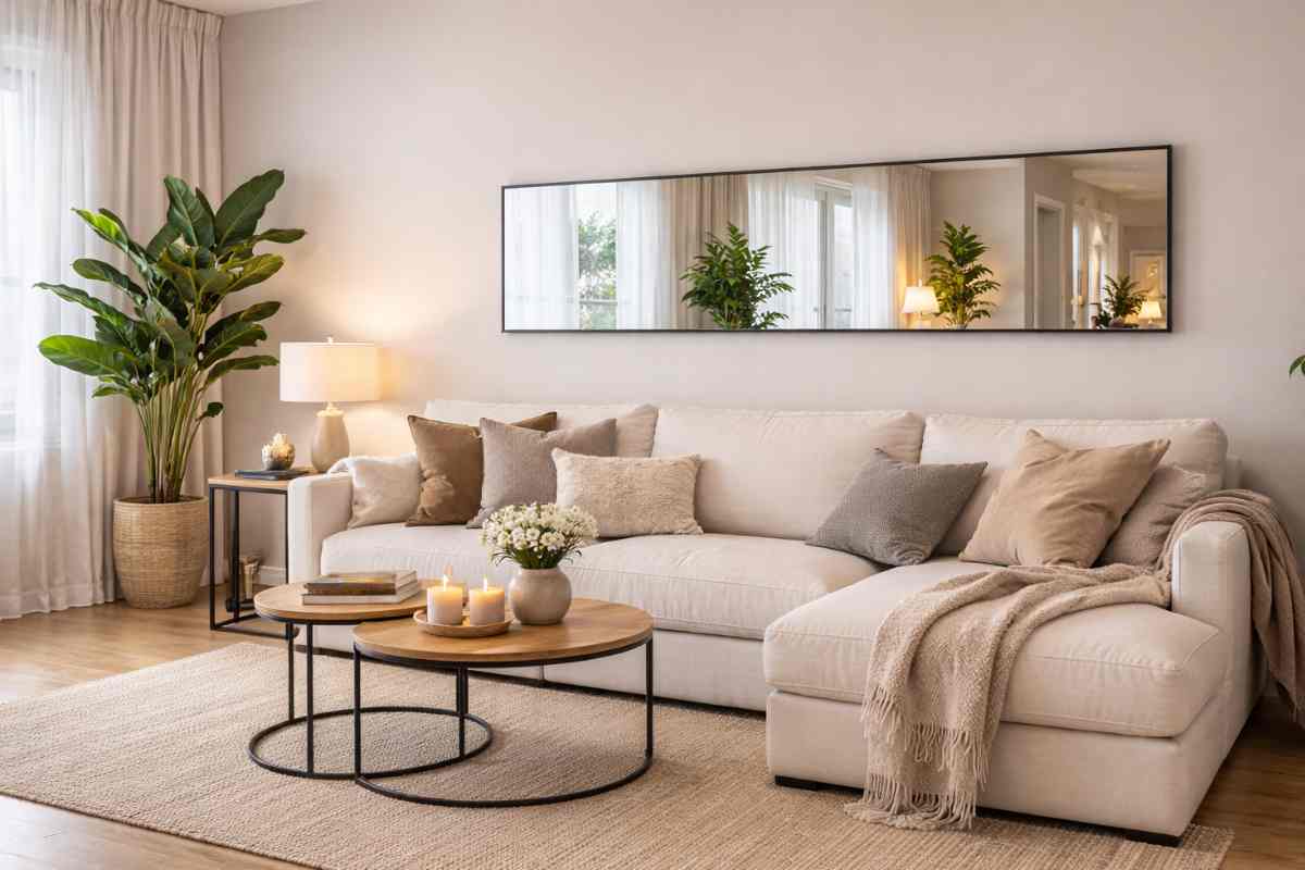 specchio sistemato in orizzontale sopra un divano