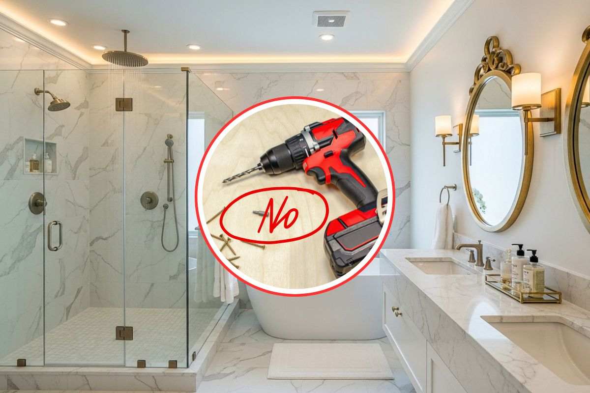 bagno moderno, trapano e scritta no