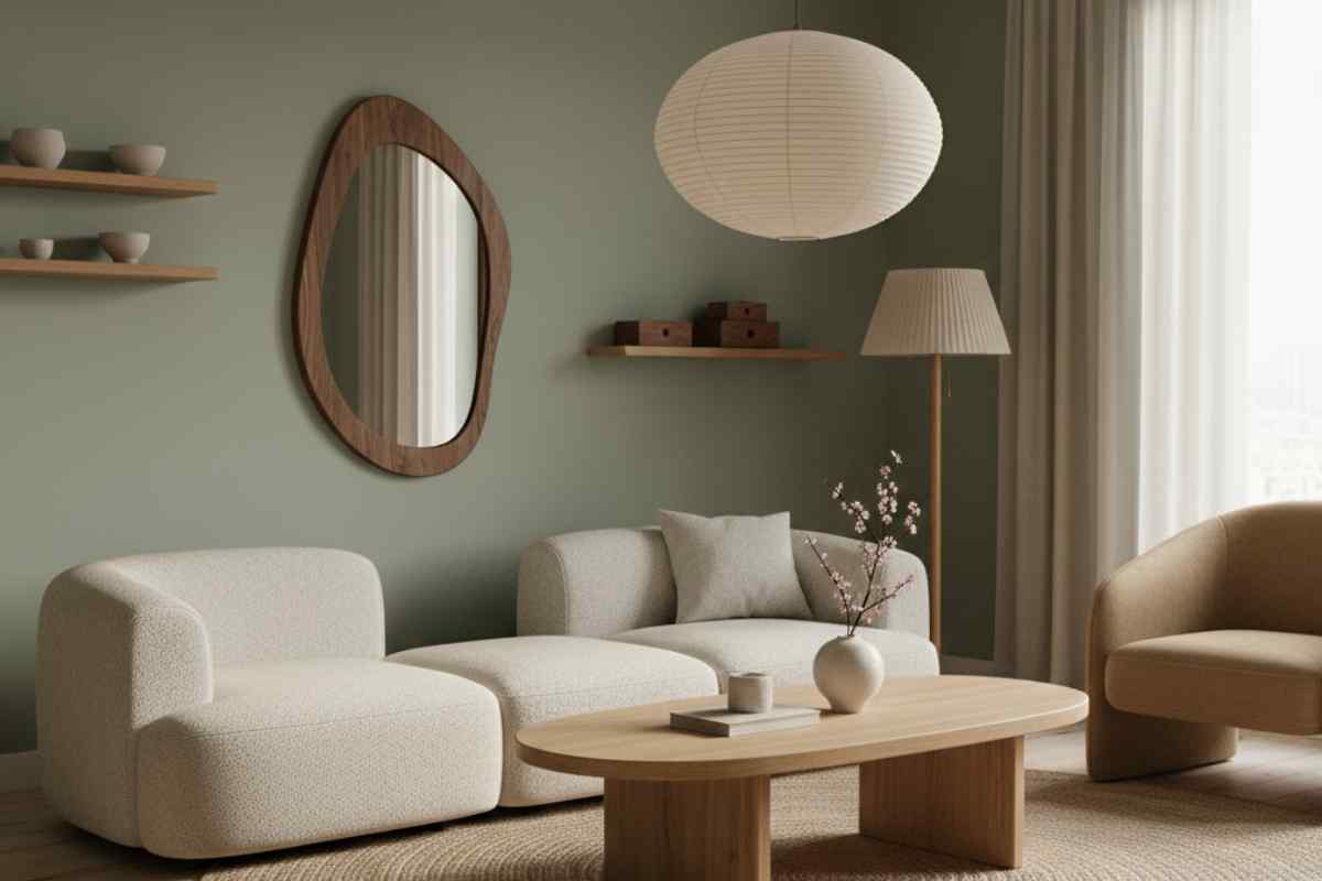 salotto japandi con pareti verde salvia