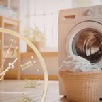 lavatrice con cestino con panni davanti ed orologio sulla sinistra