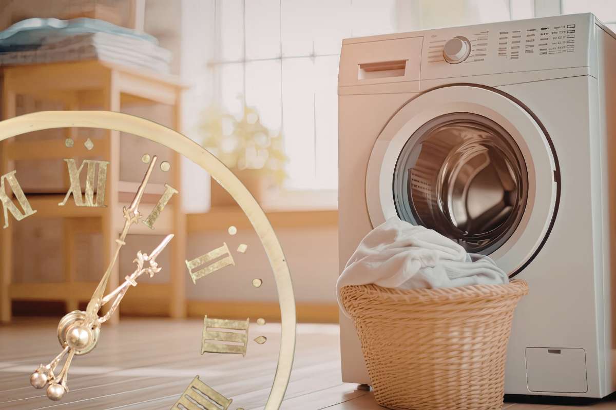 lavatrice con cestino con panni davanti ed orologio sulla sinistra