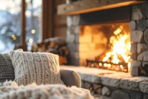 Un salone con il camino in funzione