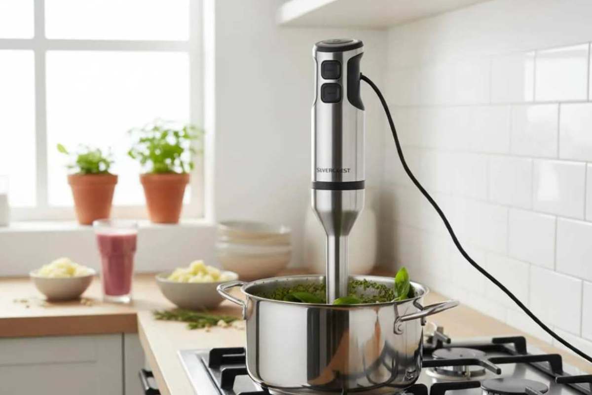 frullatore in azione dentro ad una pentola 