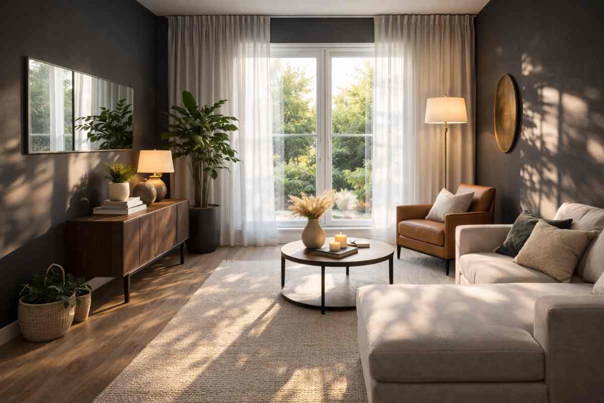 salotto sui toni scuri con luce