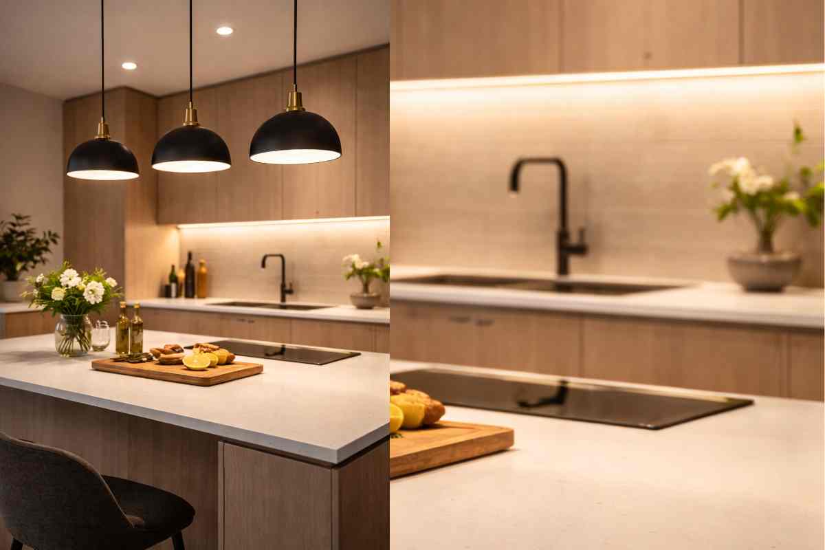 lampade a sospensione sull'isola della cucina