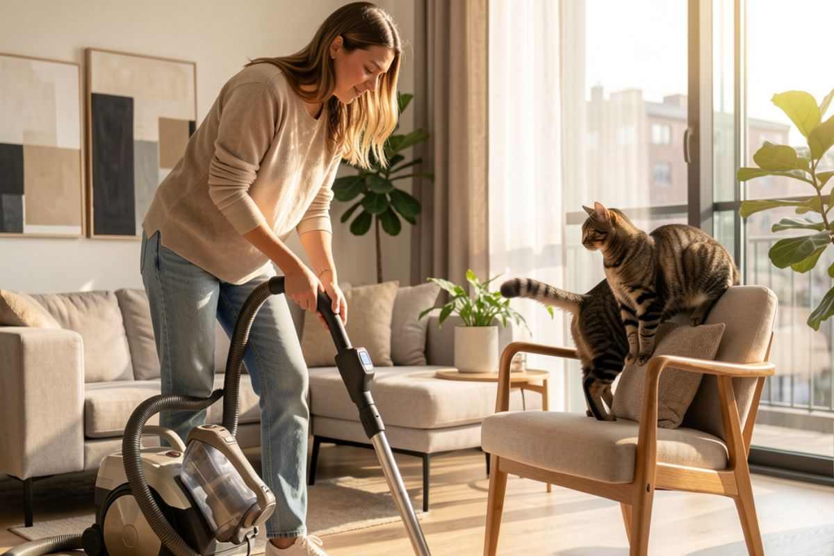 donna che passa aspirapolvere in casa con gatto sulla sedia