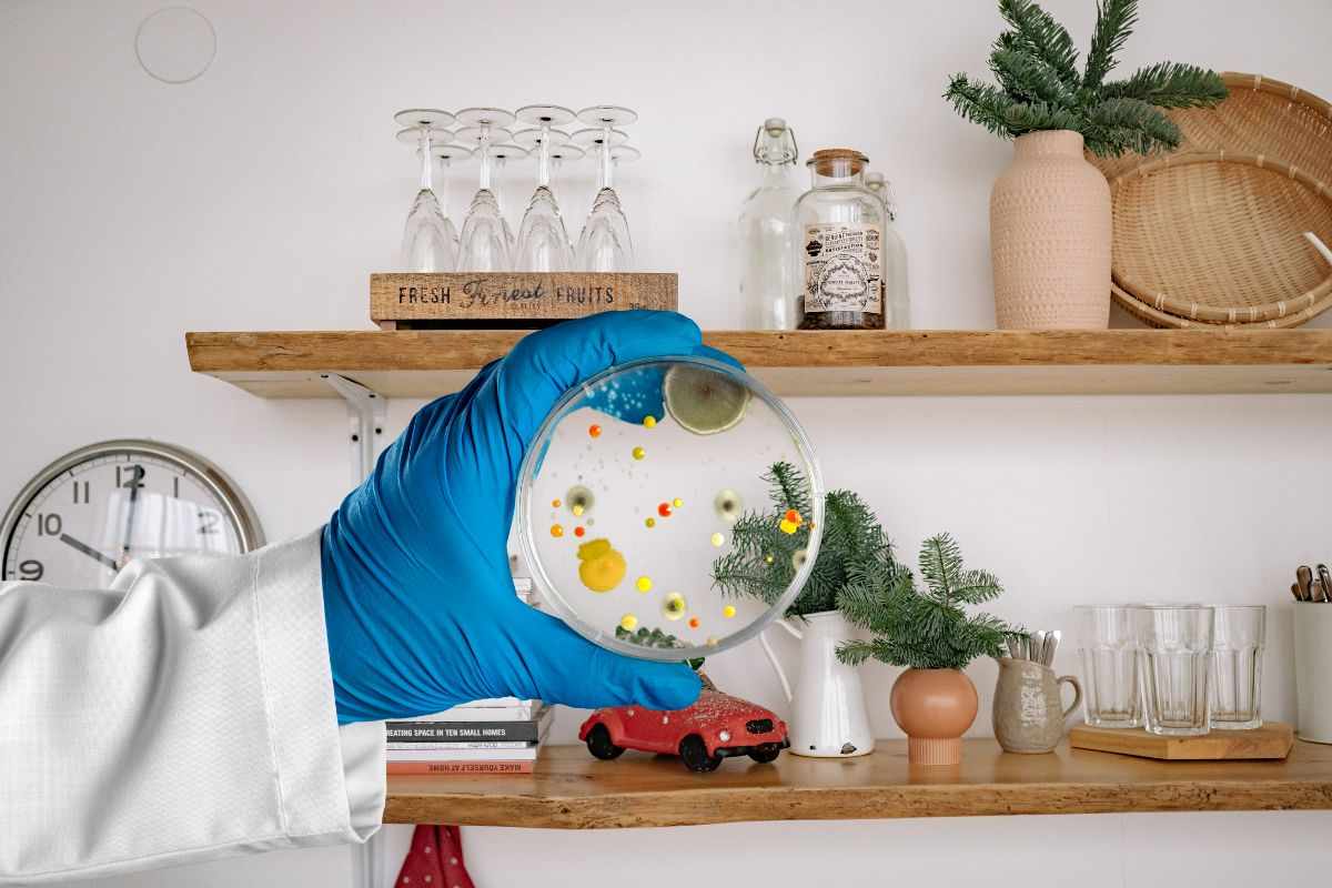 mensole di casa con diversi oggetti sopra e mano di un medico che mantiene un vetrino con batteri