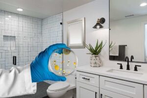 mano di un dottore che mantiene un vetrino con una colonia di batteri e bagno moderno