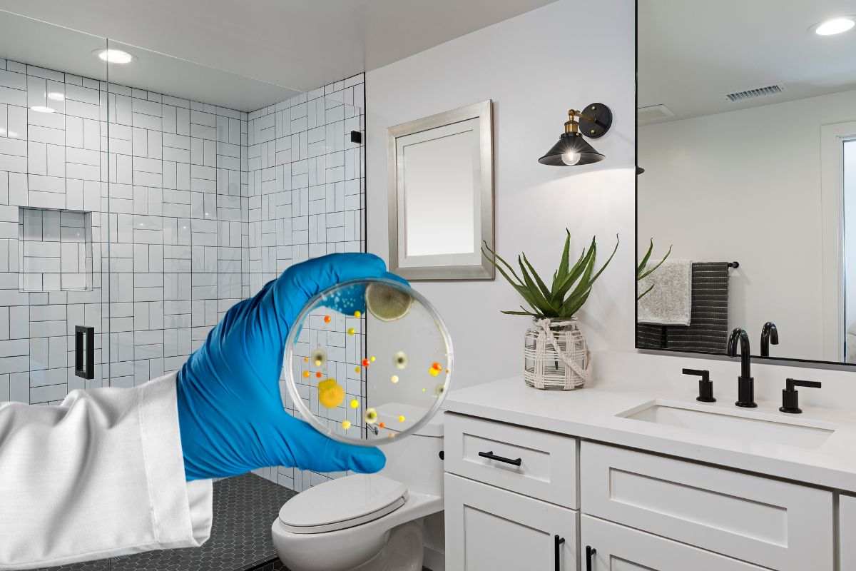 mano di un dottore che mantiene un vetrino con una colonia di batteri e bagno moderno