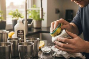 persona che tenta di lavare dei bicchieri in acciaio