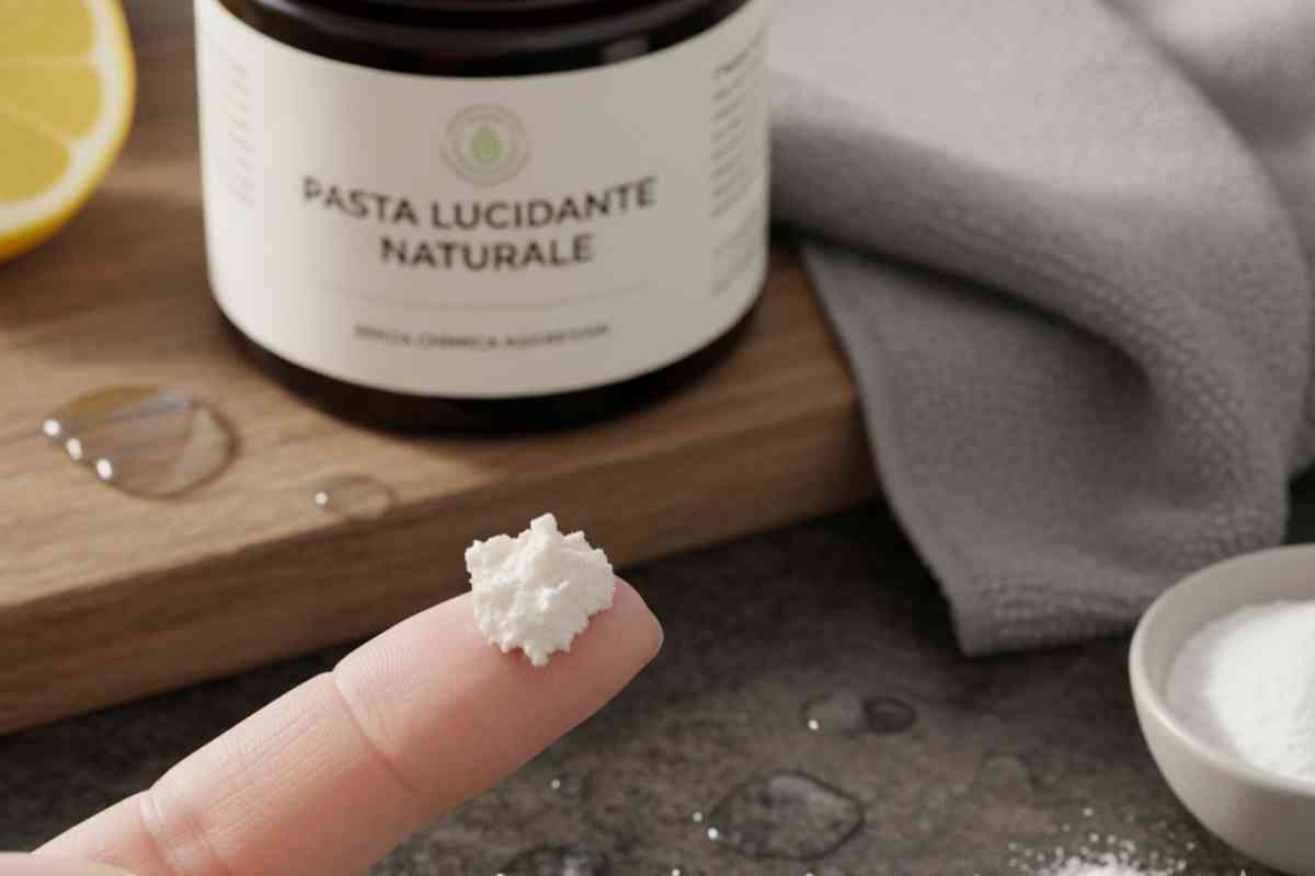 barattolo di pasta lucidante naturale e dito con un po' di questa pasta sopra