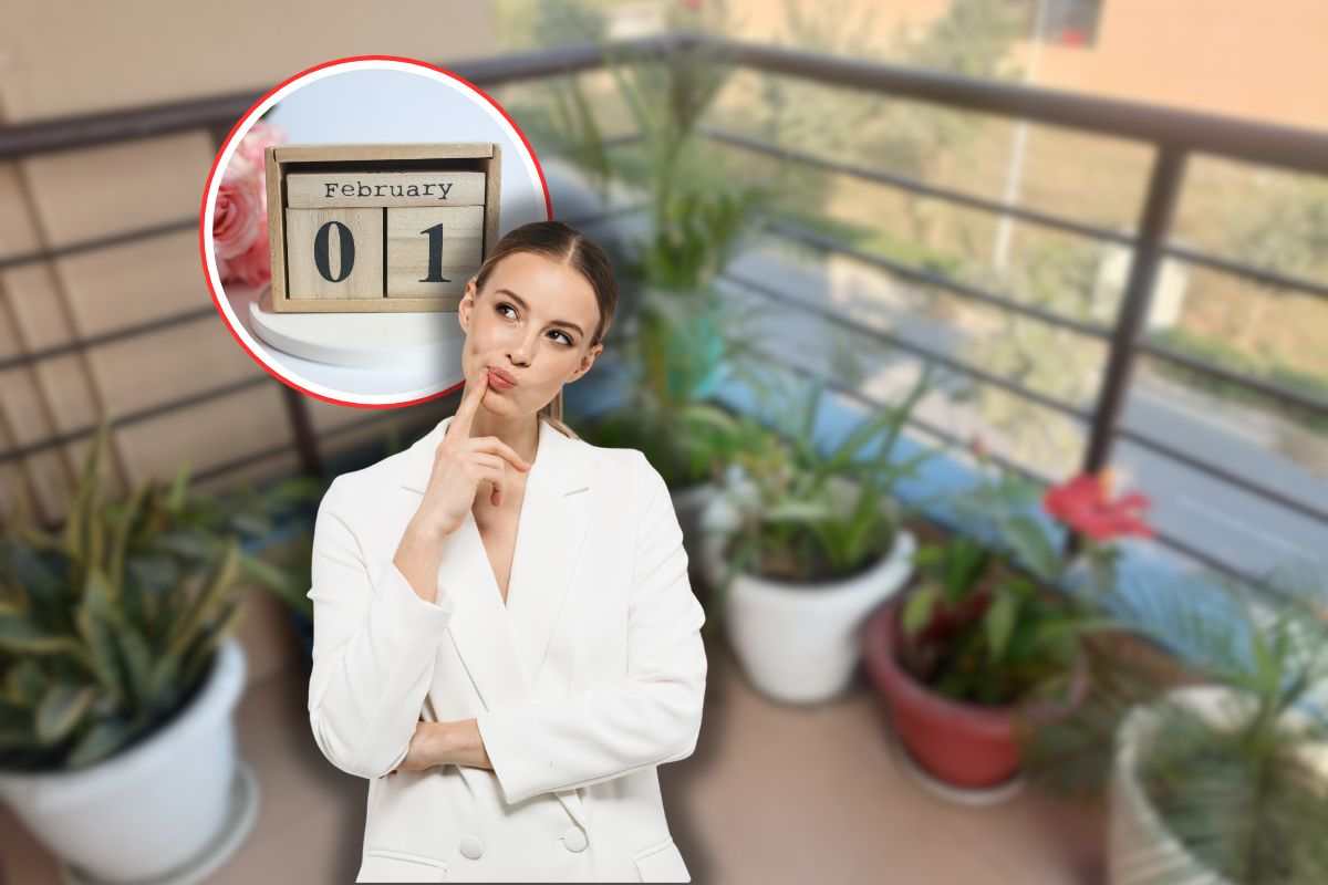 piante in terrazzo, calendario febbraio e donna che pensa