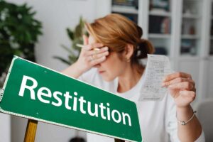 donna con foglio in mano e mano su occhio con cartello verde e scritto restituzione