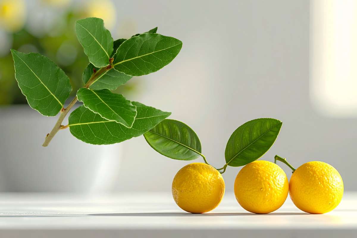 limoni su di un tavolo e foglie di alloro 