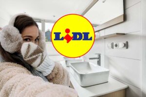 sfondo in cui si vede un bagno, donna infreddolita e logo della lidl