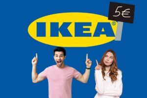 Un cartello di Ikea con sotto gente che indica in alto, ed un segnale di costo di 5 euro