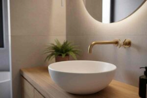 rubinetto finitura dorata in un bagno legno chiaro e bianco